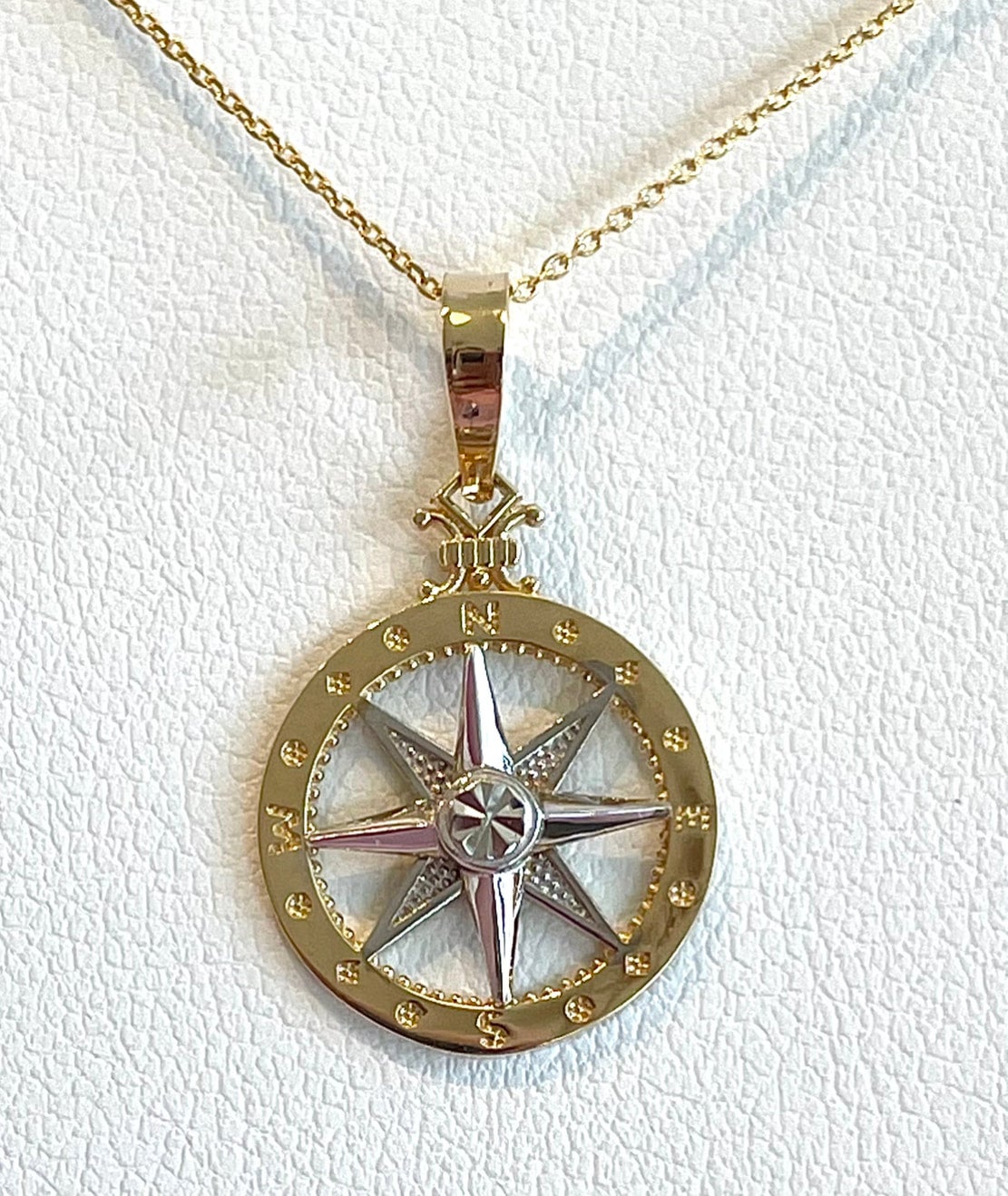 Small Two-Tone 14K Yellow White Gold Compass Rose Pendant on 14k