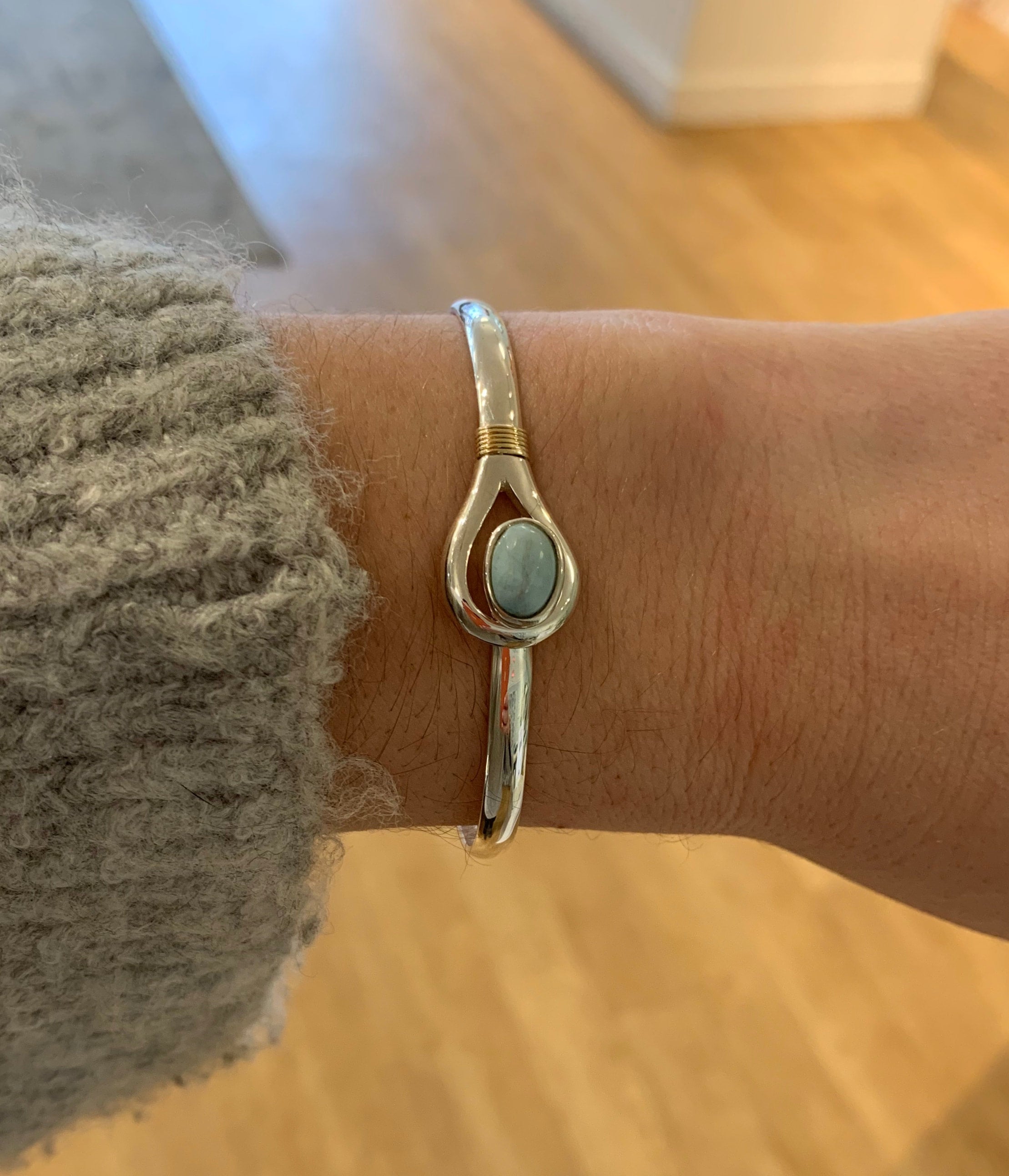 Larimar Unity Hook Sterling Silver and 14k Yellow Gold Wrap Bracelet