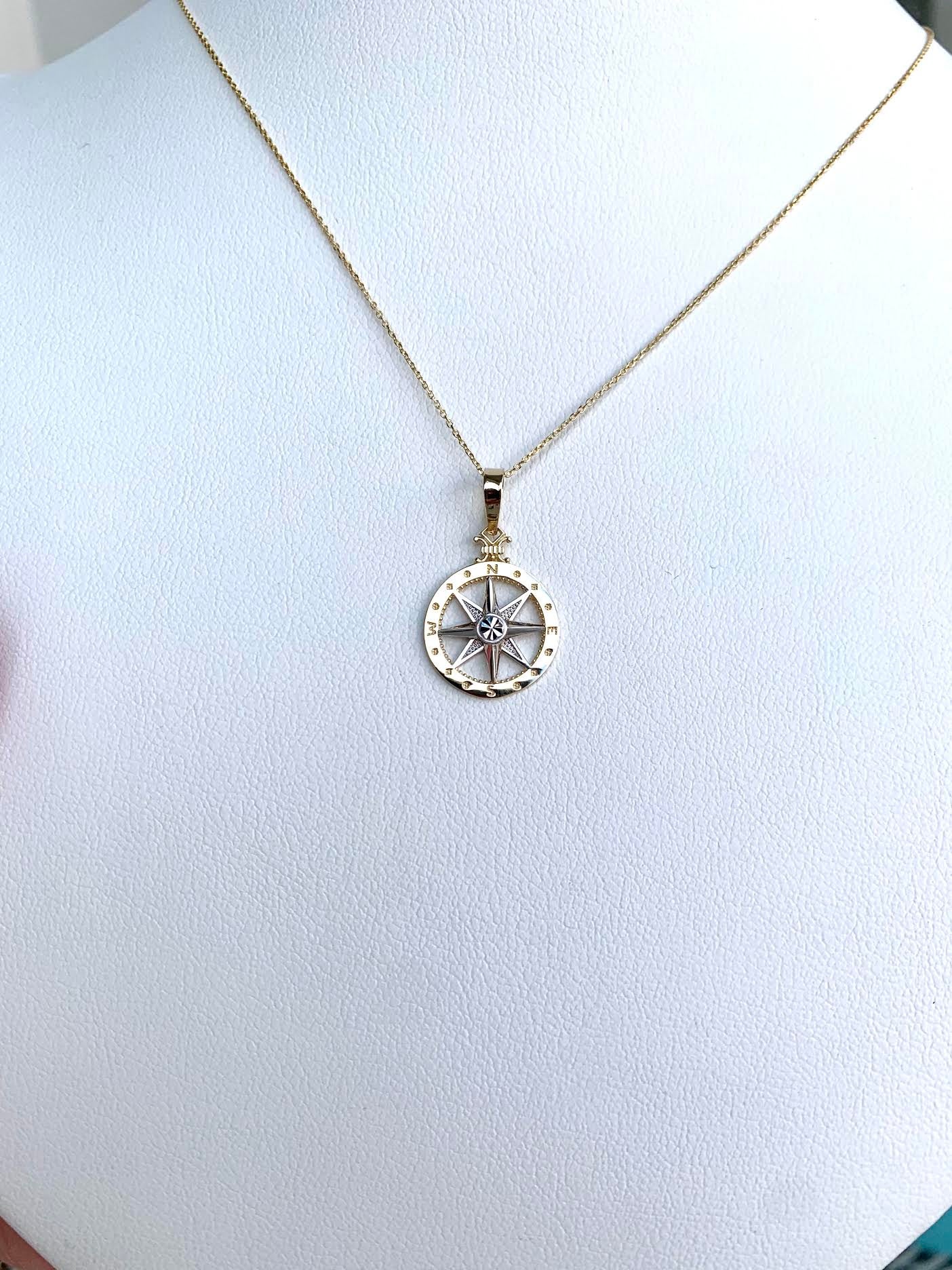 Small Two Tone 14K Yellow White Gold Compass Rose Pendant on 14k Yellow Gold Chain The Gilded Oyster