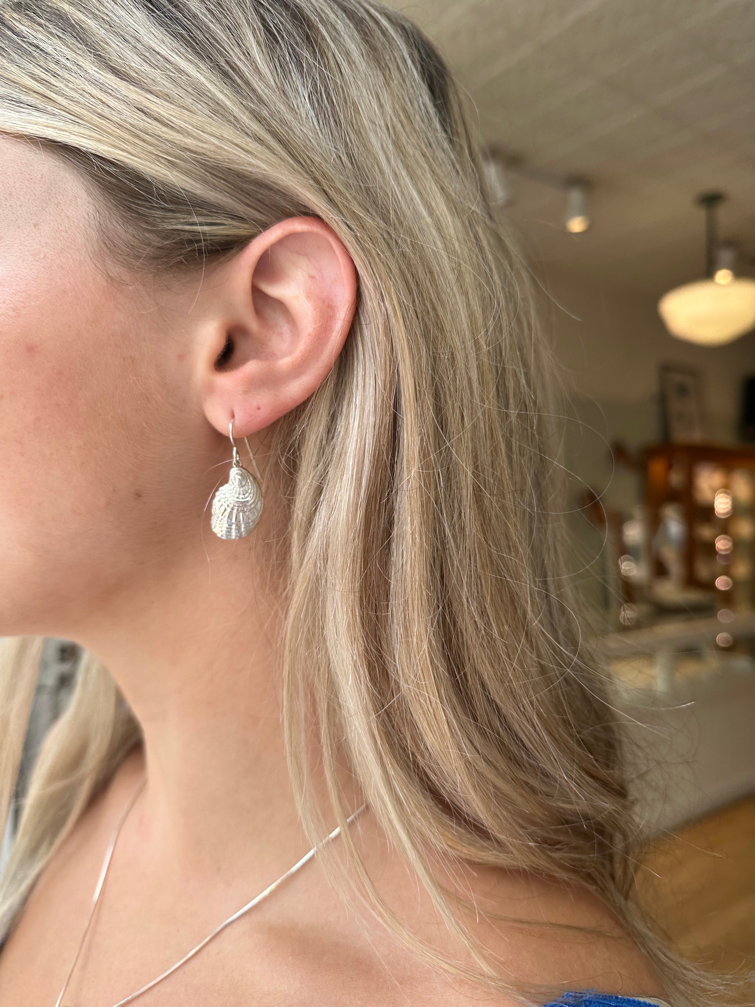 Solid Sterling Silver Textured Oyster Shell Dangling Earrings