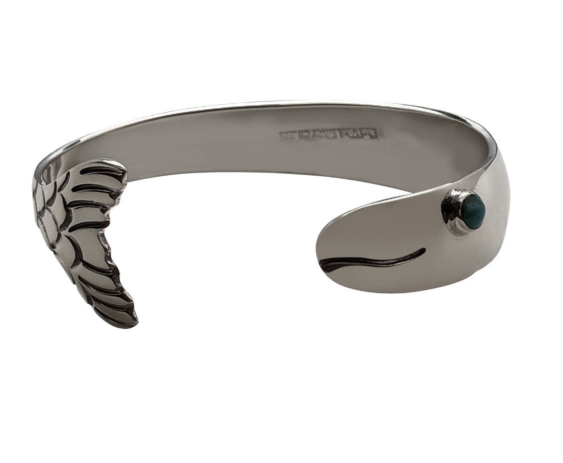 Wide Fish Cuff Bracelet Solid Sterling Silver with Turquoise Eye