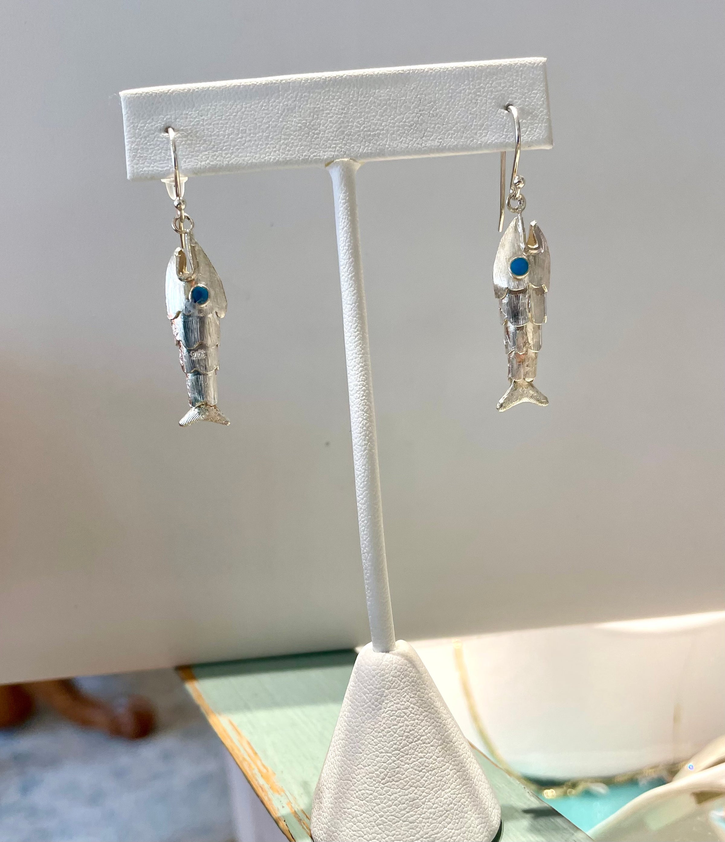 Sterling Silver Articulated Fish Earrings with Turquoise Eyes The Gilded Oyster