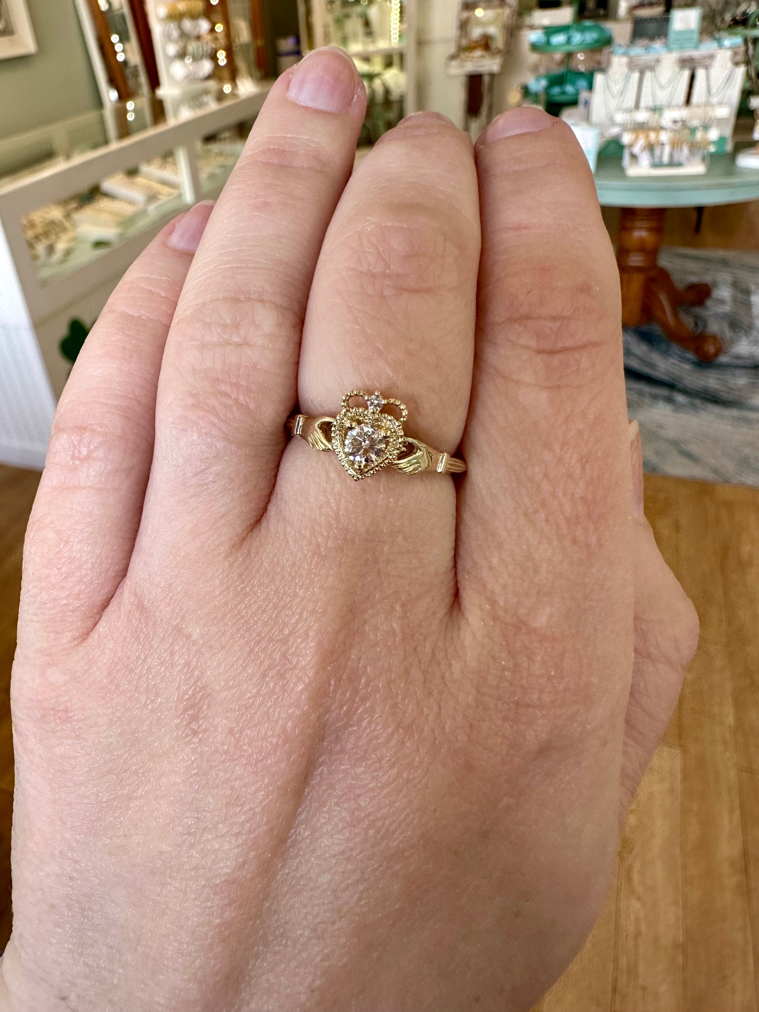 14K Yellow Gold Claddagh Ring with Genuine Diamond Diamond Total Weight 0.26cts. The Gilded Oyster