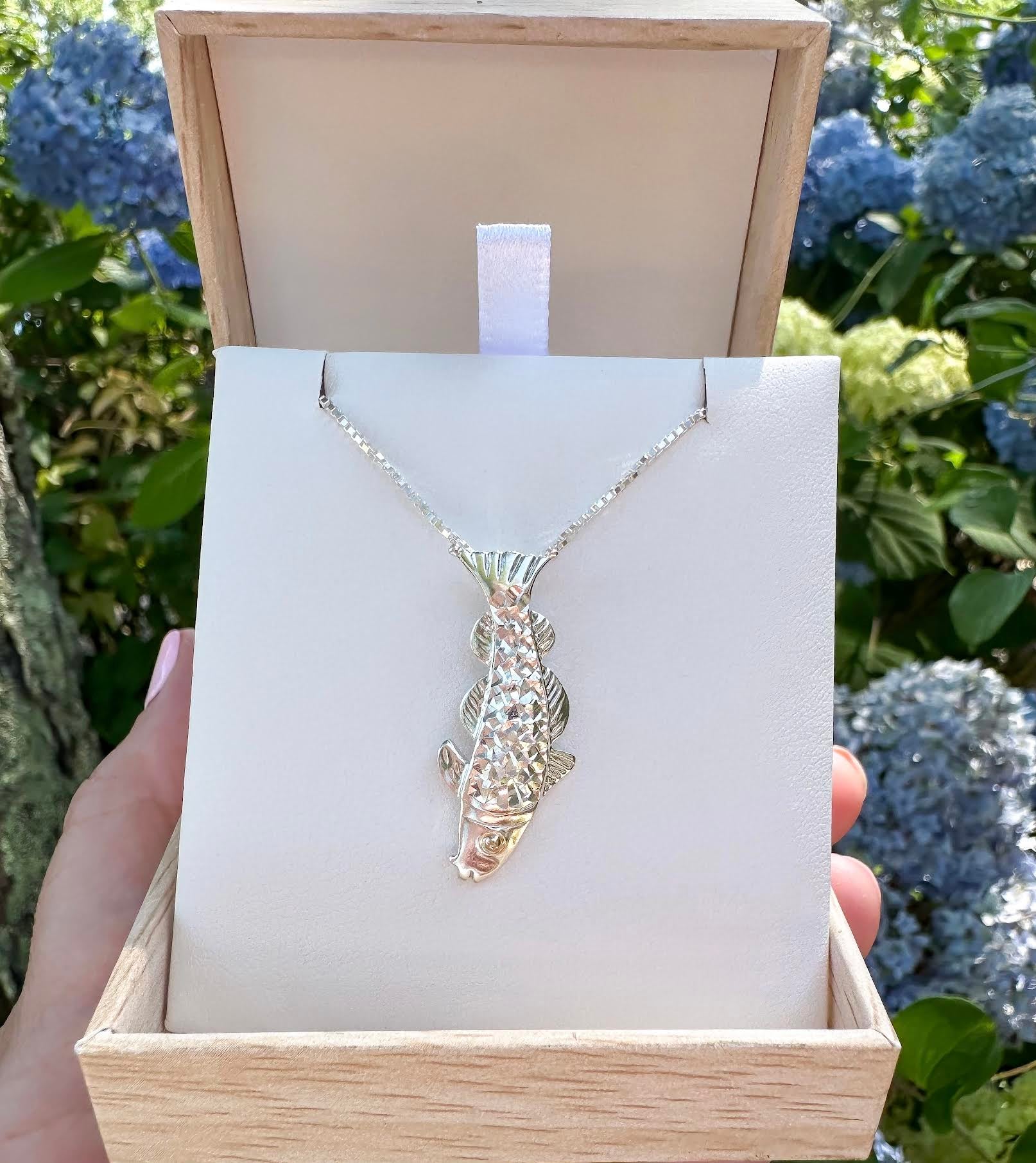 Exclusive Cape COD Fish Diamond Cut Sterling Silver Pendant with 14K Yellow Gold Eye on Chain