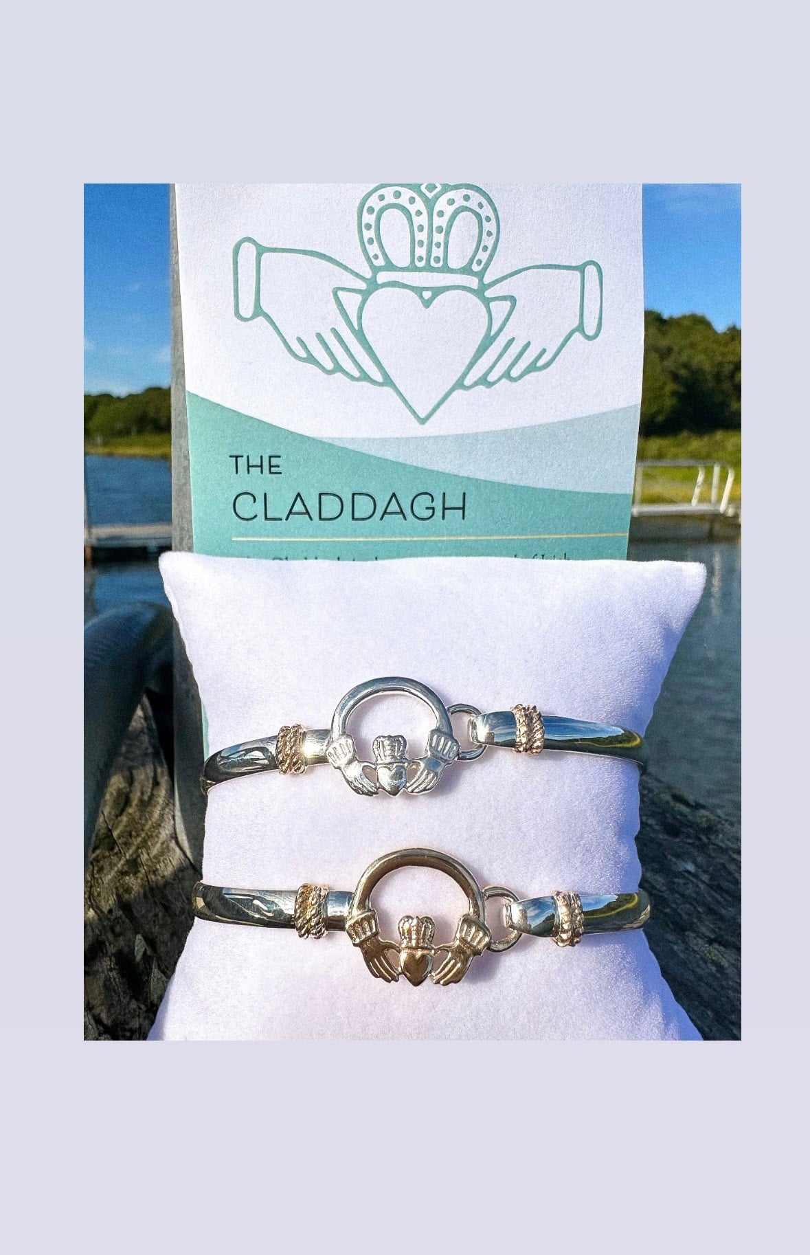 Our Exclusive Sterling Silver Claddagh Bracelet with Solid 14K Yellow Gold Claddagh and Wraps The Gilded Oyster